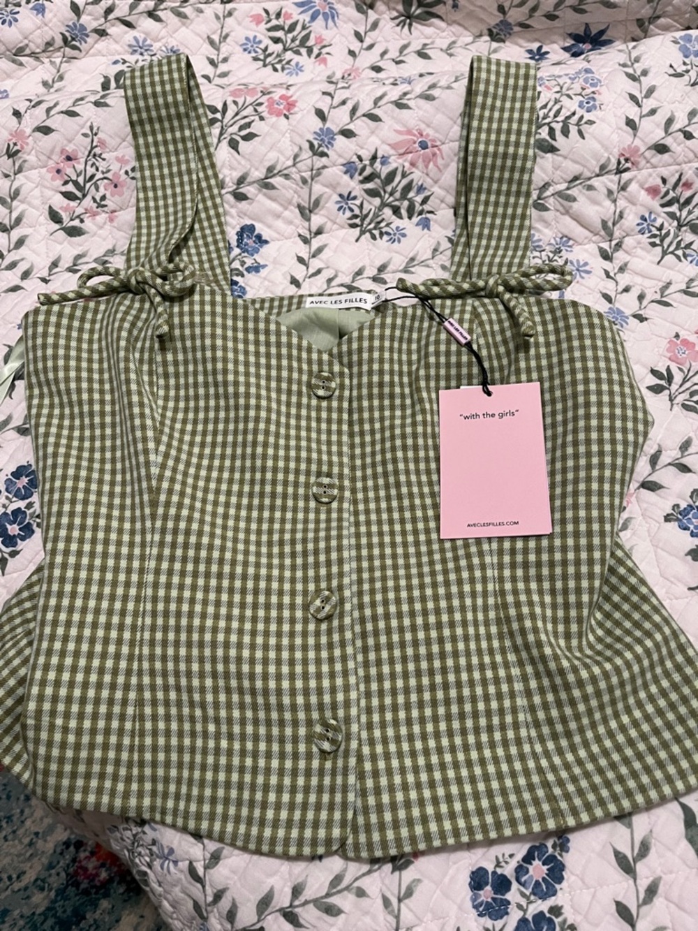 Avec Les Filles Olive Green Gingham Button Tank with Tie Straps